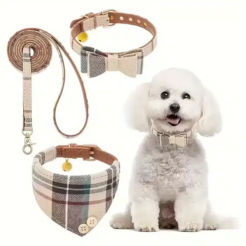 Beige Plaid Custom Dog Bow Ties Wholesale Set with Scarf & Bell