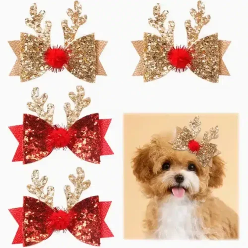 Custom Wholesale Christmas Reindeer Antler Bow Hair Clips for Small Dogs