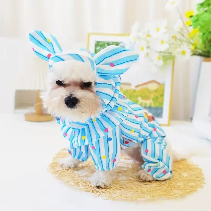 Wholesale Bunny-Ear Striped Dog Raincoat – Full-Body Waterproof OEM