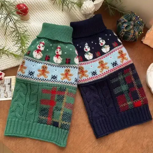Wholesale Dog Christmas Sweater - Green/Navy Gingerbread Snowman OEM Pet Clothing for Small Breeds