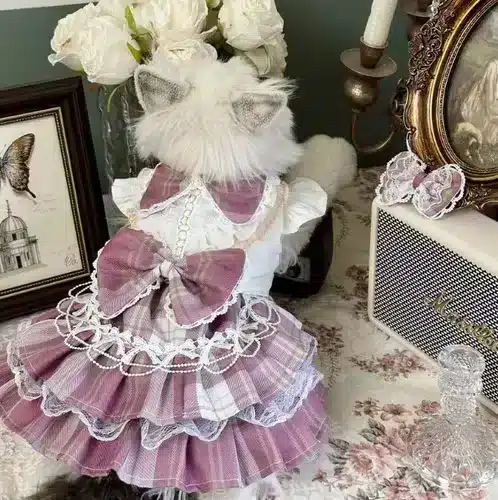 Wholesale Dog Dress OEM Custom Dog Wedding Dress Pink Plaid Lace Bow Outfit