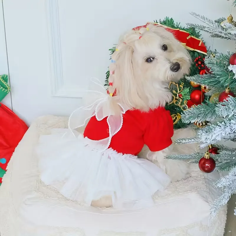 Wholesale OEM Red & White Mesh Christmas Pet Dress with Pearls and Bow – Factory-Direct Holiday Outfit for Dogs and Cats
