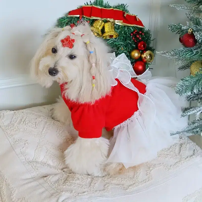 Wholesale OEM Red & White Mesh Christmas Pet Dress with Pearls and Bow – Factory-Direct Holiday Outfit for Dogs and Cats - Image 6