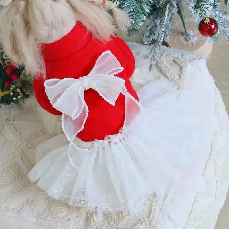 Wholesale OEM Red & White Mesh Christmas Pet Dress with Pearls and Bow – Factory-Direct Holiday Outfit for Dogs and Cats - Image 5