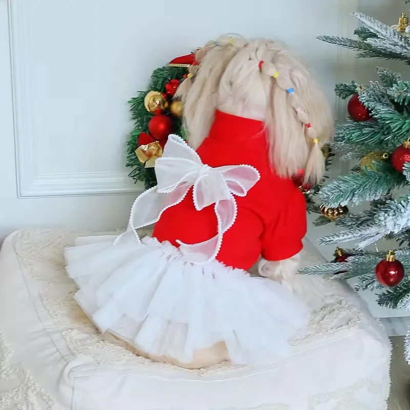 Wholesale OEM Red & White Mesh Christmas Pet Dress with Pearls and Bow – Factory-Direct Holiday Outfit for Dogs and Cats - Image 4