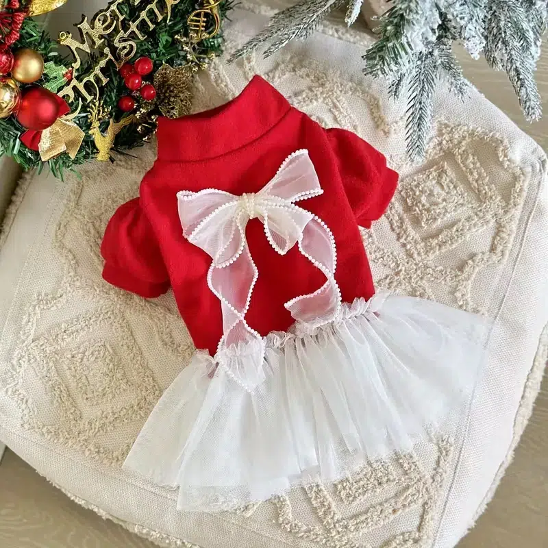 Wholesale OEM Red & White Mesh Christmas Pet Dress with Pearls and Bow – Factory-Direct Holiday Outfit for Dogs and Cats - Image 3