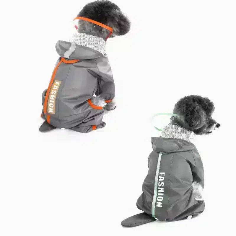 Wholesale Reflective Dog Raincoat Set – Gray Hooded Jacket in Orange & Green