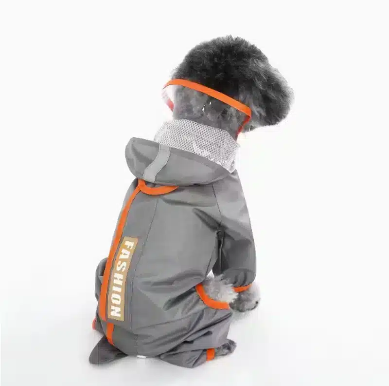 Wholesale Reflective Dog Raincoat Set – Gray Hooded Jacket in Orange & Green - Image 4