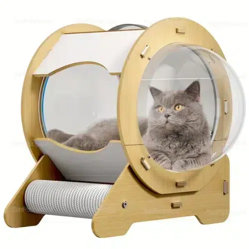 Custom Bamboo Cat House with Clear Dome & Integrated Scratcher