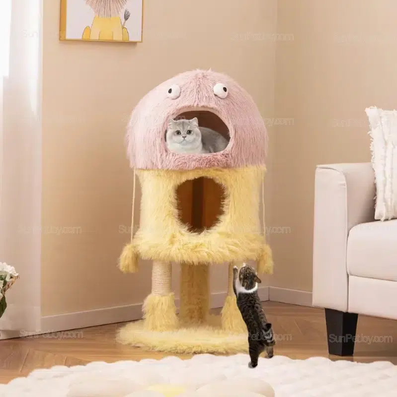 Custom Pink Sisal Scratching Cat Tower with Hanging Toys