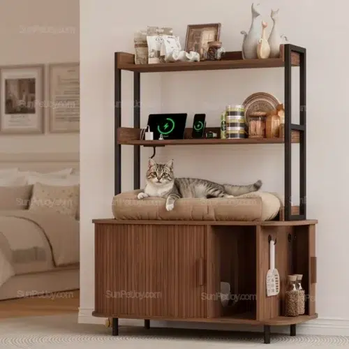 Custom Walnut Cat Litter Box Furniture with Shelves and Sliding Door for Wholesale