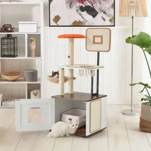 OEM Basketball Hoop Cat Tree with Hidden Litter Box Condo