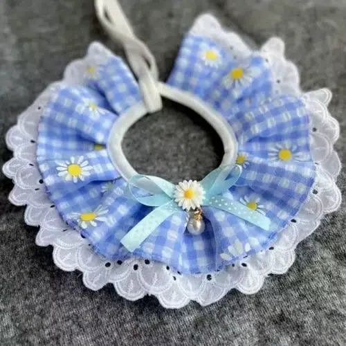 Wholesale Adjustable Pet Bandana in Blue Gingham Daisy - Ruffled Edges for Everyday Comfort