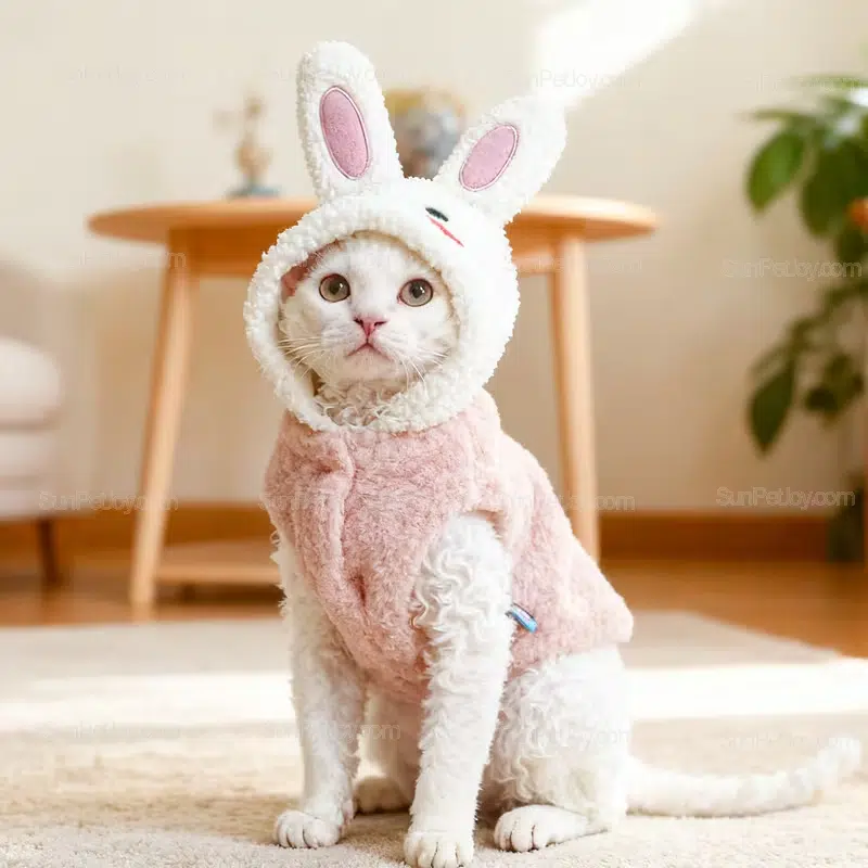 Wholesale Bunny Hood Cat Vest, Plush Winter Sleeveless Pet Apparel