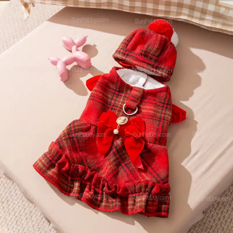 Wholesale Fleece-Lined Cat Bow Tie Dress with Hood Set - Image 3
