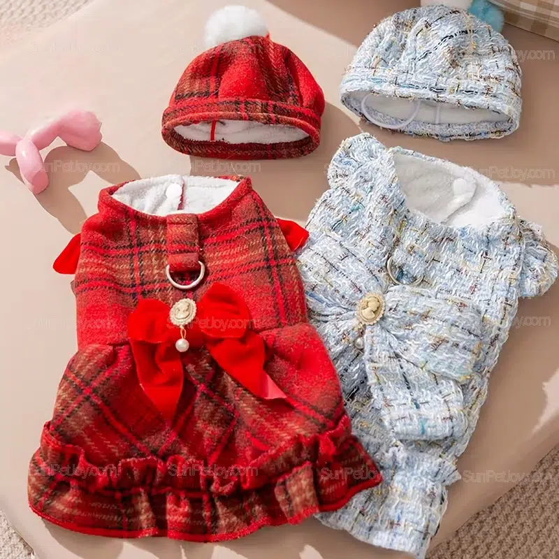 Wholesale Fleece-Lined Cat Bow Tie Dress with Hood Set