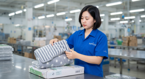 This is our final packaging stage where we carefully prepare each dog blanket for shipment, upholding product integrity and presentation to support efficient wholesale distribution.