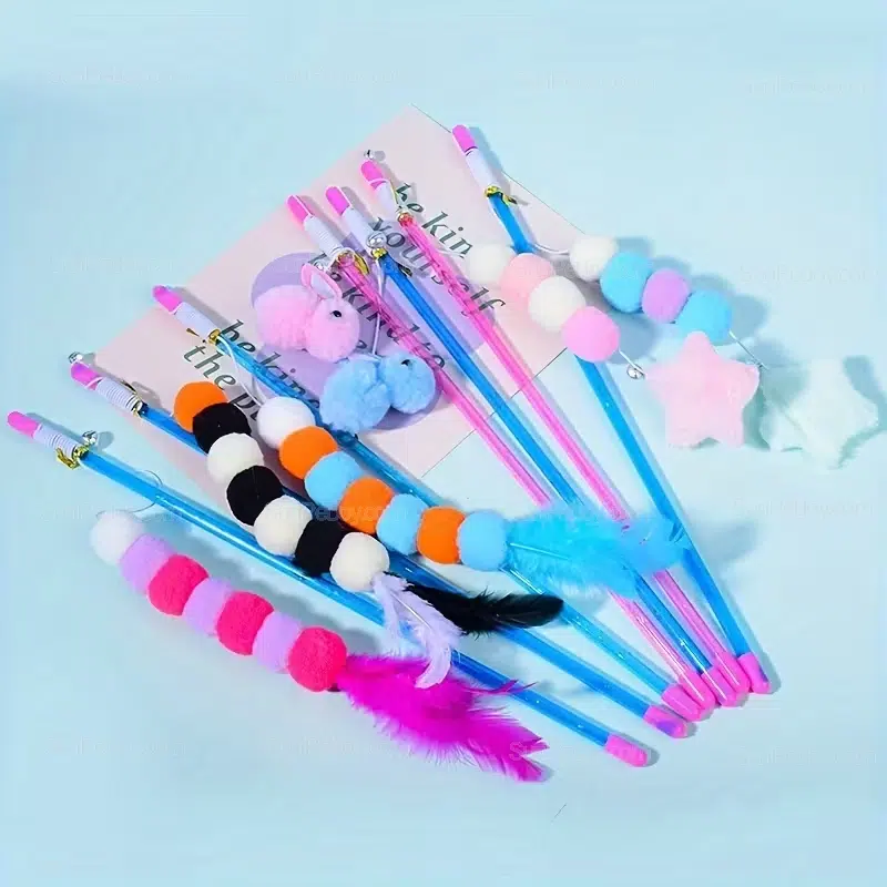 Custom Cat Wand Toy with Feather and Pom Pom Attachments