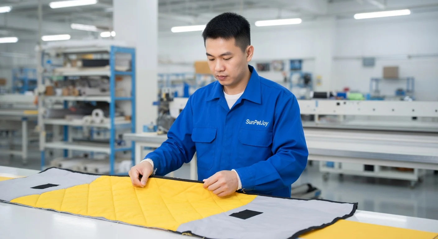 Super Puff Dog Jacket manufacturing step 1: premium fabric cutting for precise patterns