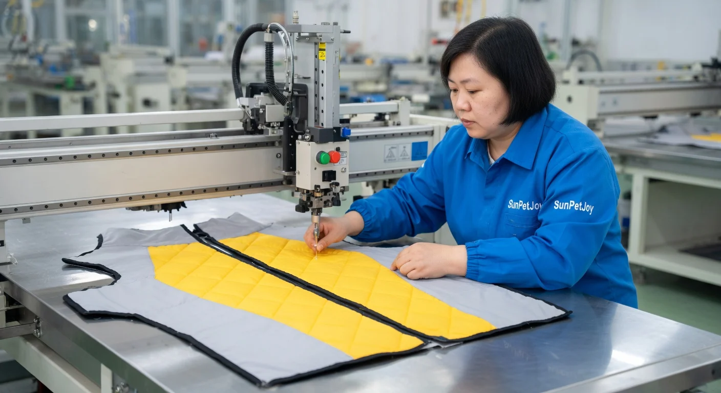 Super Puff Dog Jacket manufacturing step 2: high-loft insulation filling and puffing