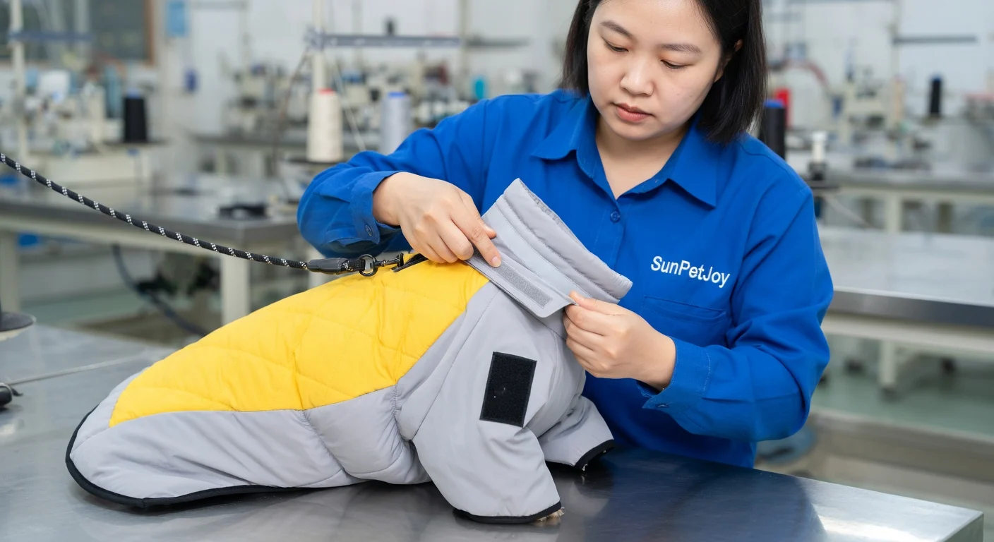 Super Puff Dog Jacket manufacturing step 4: quality inspection and reflective application