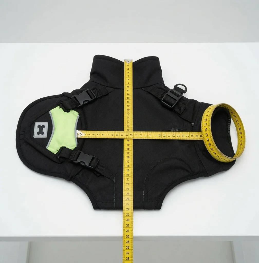 Finished small dog coat measurement photo showing size verification before bulk production