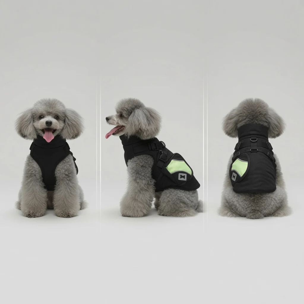 Small dog wearing SunPetJoy coat for real fit test and body coverage review