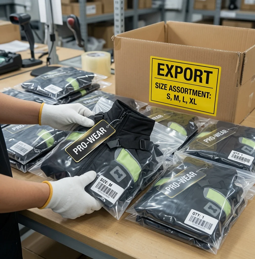 Small dog coat packing and label photo showing retail packaging and private label readiness