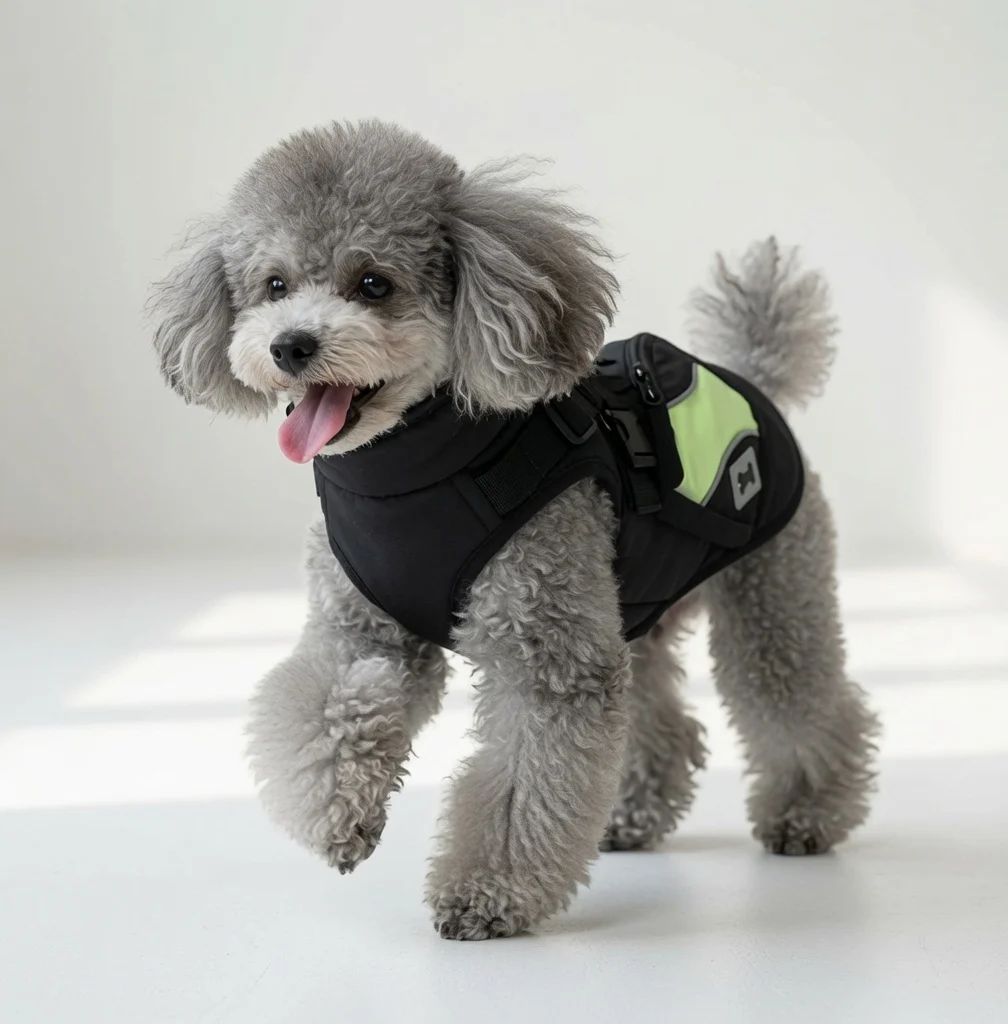 Small dog coat movement test showing walking comfort and front leg clearance