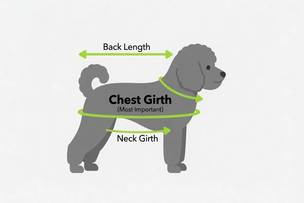 Dog coat measuring guide showing back length chest girth and neck girth