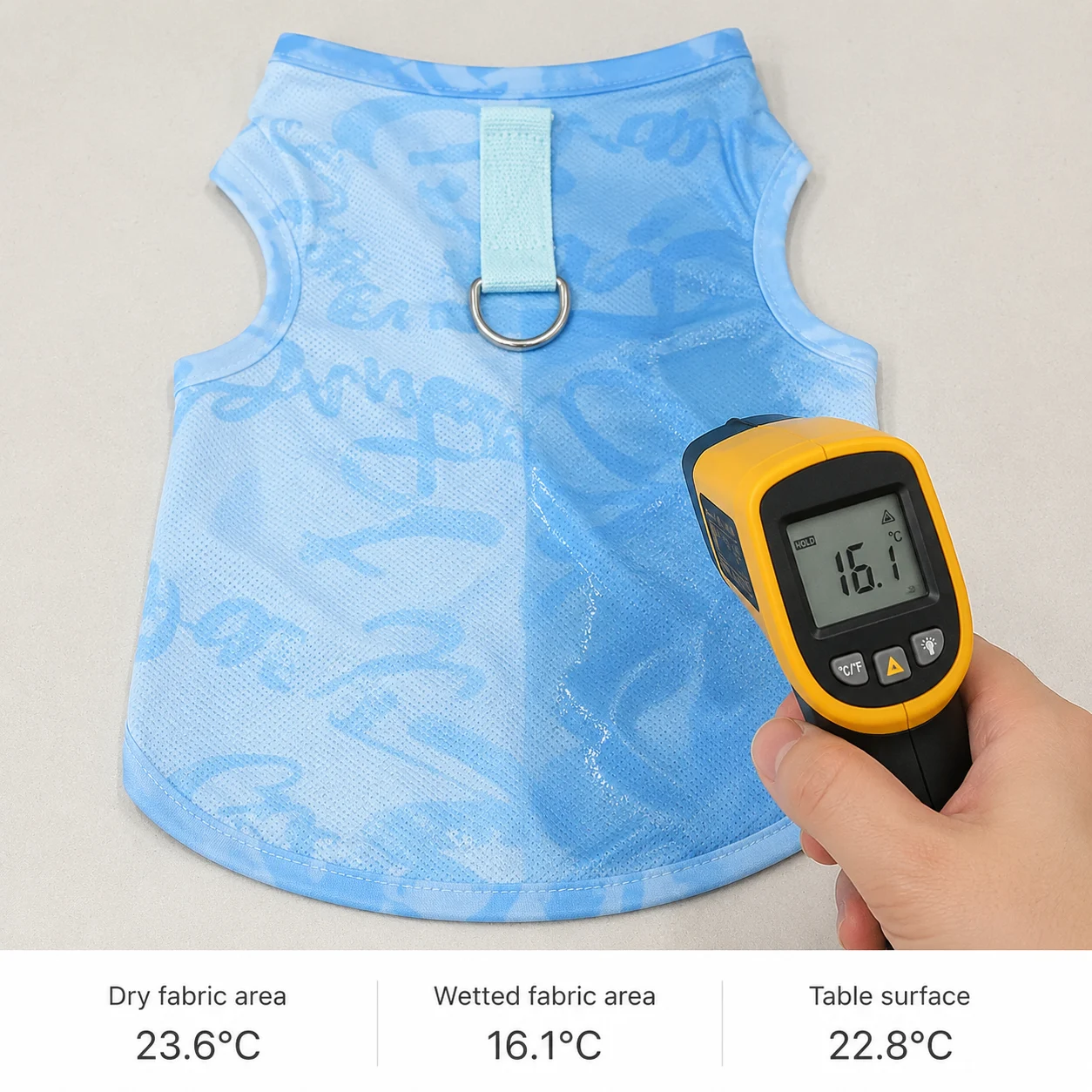 Infrared thermometer surface temperature check for Cooling Dog Vests