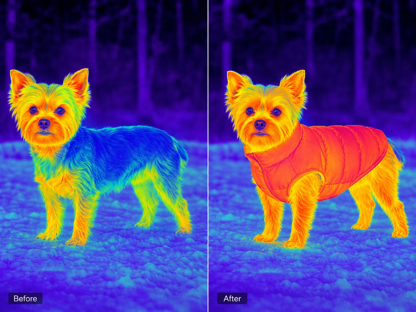 infrared before and after evidence for dog puffer jacket warmth testing