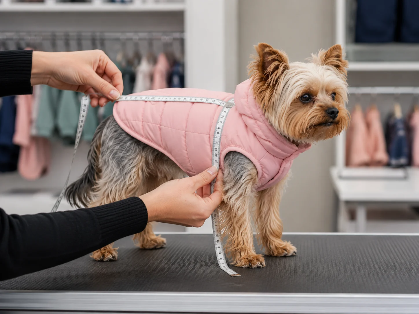 small dog puffer jacket fit test showing chest coverage and movement clearance