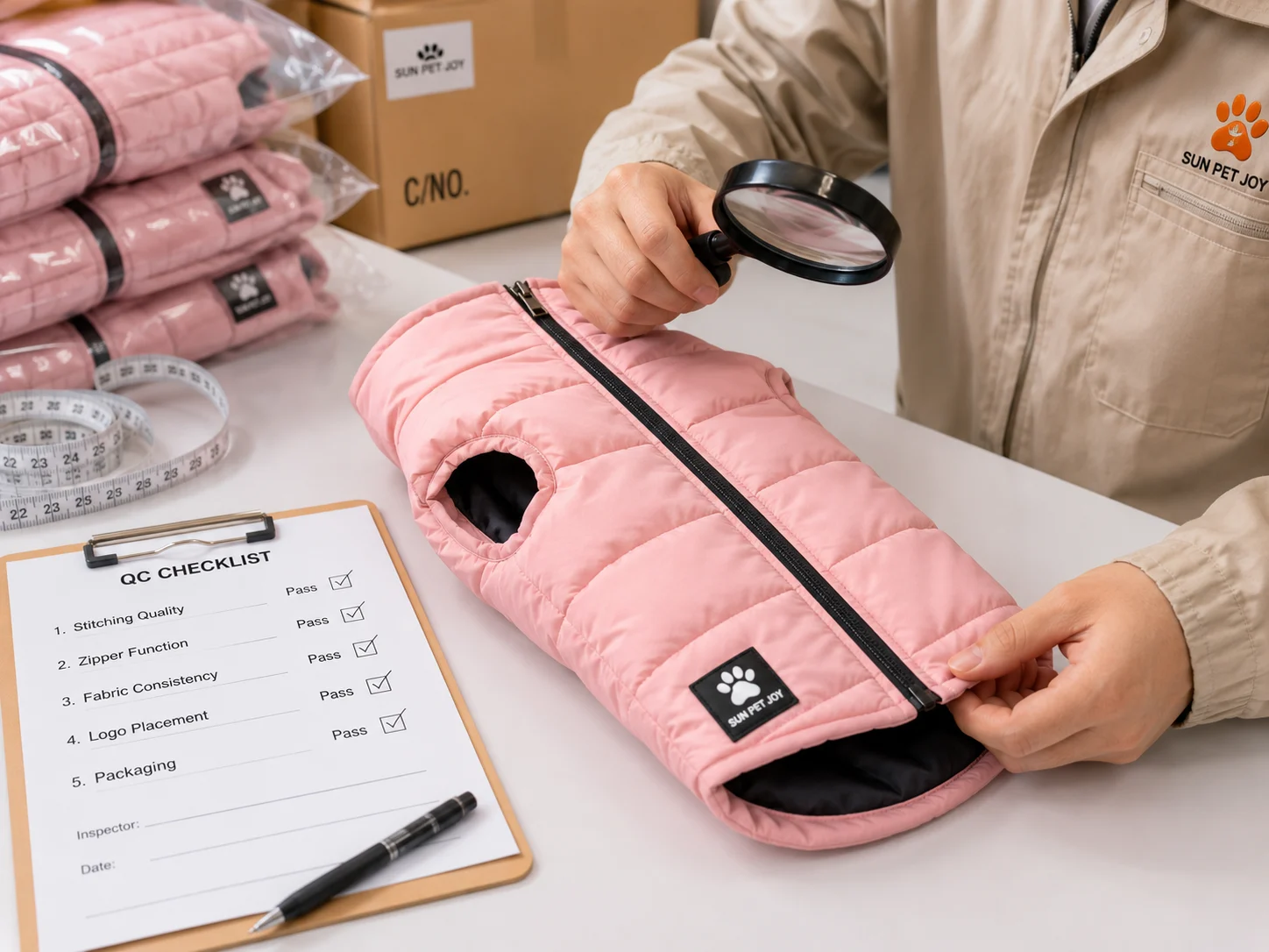 factory quality control check for custom puffer dog jacket production